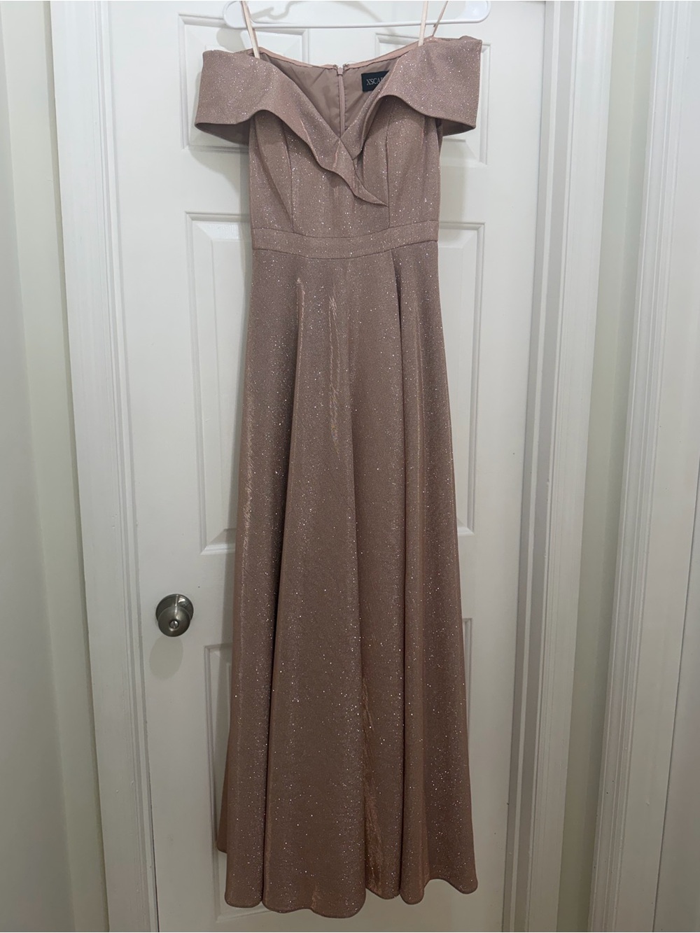 XSCAPE Off-Shoulder Sparkle Maxi Dress in Rose Gold